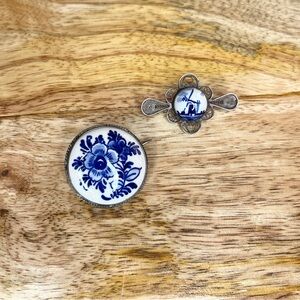 Delfts Vintage Flower & Windmill Brooch Pins Set (2) Made in Holland Blue White